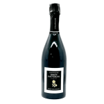 A bottle of champagne with a black label on a white background.