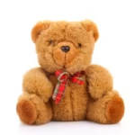 Brown teddy bear with a red plaid bow