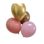 Cluster of pink, lavender, gold, and bronze balloons