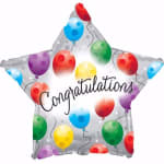 Star-shaped balloon with colorful balloons and the word Congratulations