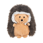 Plush hedgehog toy with a tan face and dark fuzzy body