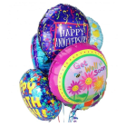 Cluster of colorful foil balloons with anniversary and get well messages
