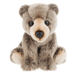 Plush teddy bear with gray and cream fur sitting on a white background