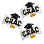 Three graduation balloons shaped like diplomas with black caps