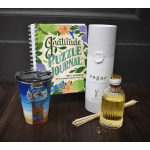 Gift set with a gratitude journal, tumbler, reed diffuser, and small bottle