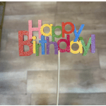 Glittery multicolor "Happy Birthday" sign on a stick