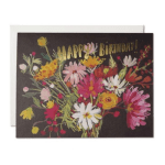 Birthday card with colorful painted flowers on dark background and gold Happy Birthday text