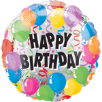 Round birthday balloon with colorful balloons and "HAPPY BIRTHDAY" text