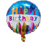 Colorful birthday balloon with candles and the words Happy Birthday