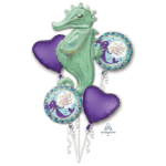 Mermaid-themed foil balloons in green and purple with curly ribbons