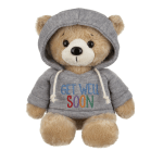 Teddy bear in a gray hoodie with "Get Well Soon" text