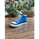 Blue sneaker-shaped planter on a wooden table
