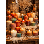 Assorted lit candles in glass jars and votives on a rustic table