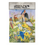 Decorative garden flag with blue birds and a floral meadow scene