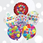 Bundle of colorful round Happy Birthday foil balloons with assorted patterns