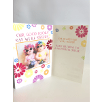 Two birthday greeting cards with colorful flower patterns and baby photos