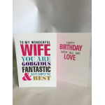 Two greeting cards with birthday and wife messages in bright colors