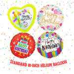 Four colorful birthday helium balloons with confetti on a white background