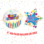 Two birthday balloons with confetti and "Happy Birthday" text