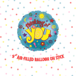 Blue balloon with "thinking of you" text and confetti dots.