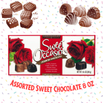 Box of assorted chocolates with red roses on the package