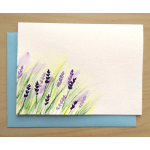 Lavender floral card with painted purple blossoms and green grass
