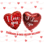 Two heart-shaped red helium balloons with "I love you" text.
