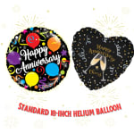 Two anniversary helium balloons with confetti and champagne glass graphics