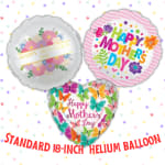 Three Mother's Day helium balloons with floral prints and colorful text