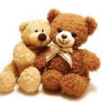 Two teddy bears sitting together with a ribbon bow