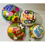 Four colorful helium balloons with get-well messages and cartoon designs
