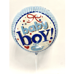 Blue baby boy foil balloon with stars and a whale graphic