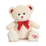 Cream teddy bear with a red bow and heart details