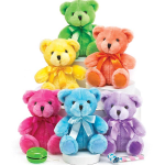 Five colorful teddy bears with ribbons on white stands