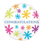 Round congratulations balloon with colorful starburst pattern