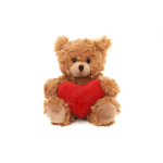 Brown teddy bear holding a red heart plush