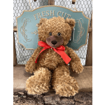 Brown teddy bear with a red ribbon sitting in front of a sign