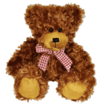 Brown teddy bear with a red-and-white checkered bow