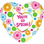 Heart-shaped balloon with colorful flower circles and the words You’re So Special.