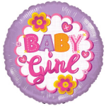 Round lavender balloon with 'Baby Girl' text and pink and yellow flower graphics