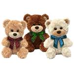 Three teddy bears with ribbon bows on a white background
