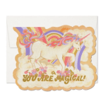 Die-cut greeting card with unicorn, rainbows, flowers and the words “You Are Magical!”