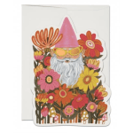 Folded greeting card with a gnome in a pink hat surrounded by bright cartoon flowers