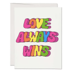 White greeting card with colorful bubble letters reading Love Always Wins