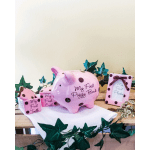 Pink polka-dot baby keepsake set with piggy bank and photo frame