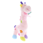 Pink plush giraffe toy with colorful patches and a ribbon scarf