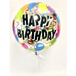 Round birthday balloon with colorful confetti and "HAPPY BIRTHDAY" text