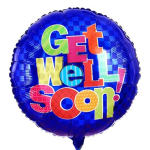 Blue balloon with colorful "Get Well Soon" text
