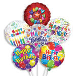 Cluster of colorful birthday balloons with "Happy Birthday" text
