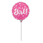 Pink balloon with "It's a Girl!" text and heart pattern on a stick